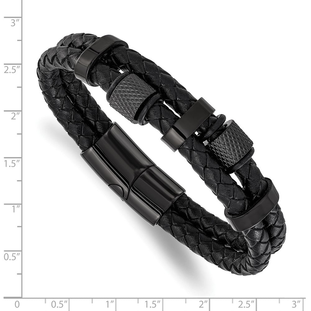 Chisel Stainless Steel Polished Black IP-plated and Black Leather Two Strand 8.25 inch Bracelet