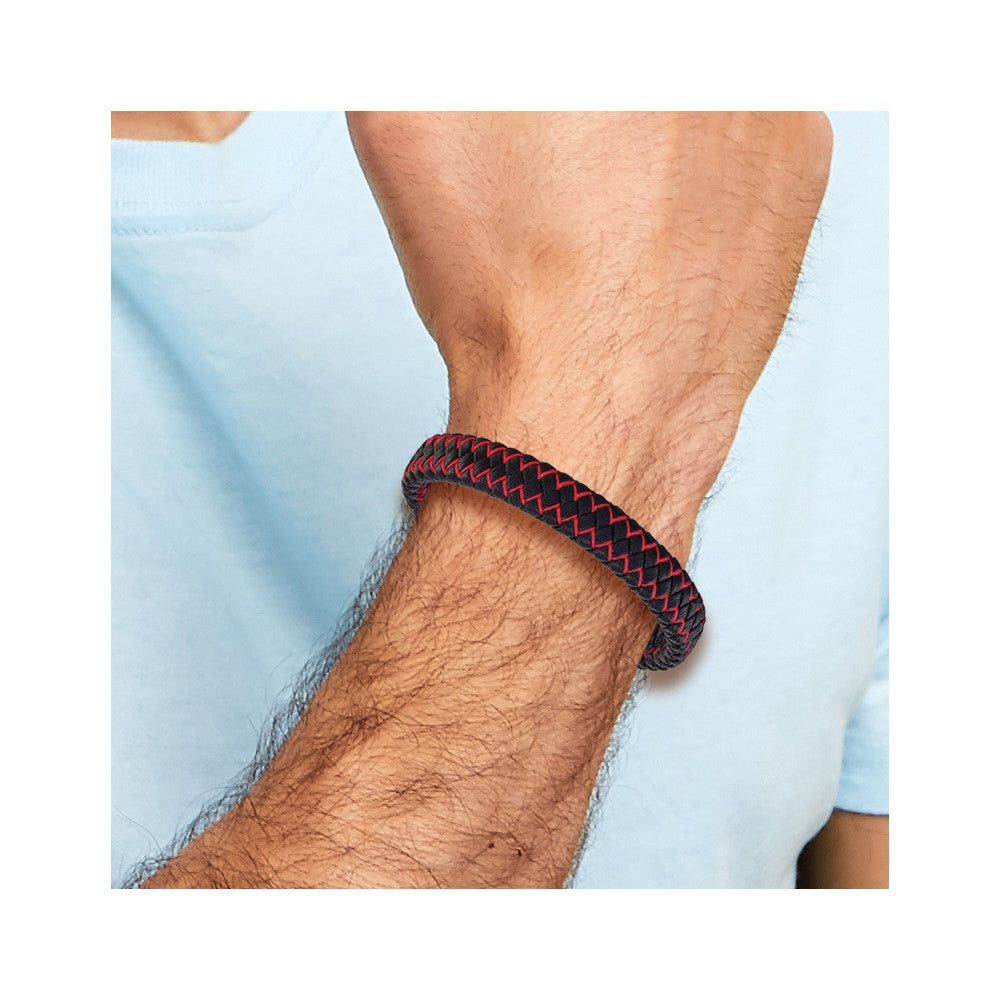 Chisel Stainless Steel Polished Black IP-plated Black Leather and Red Fabric 8.25 inch Bracelet