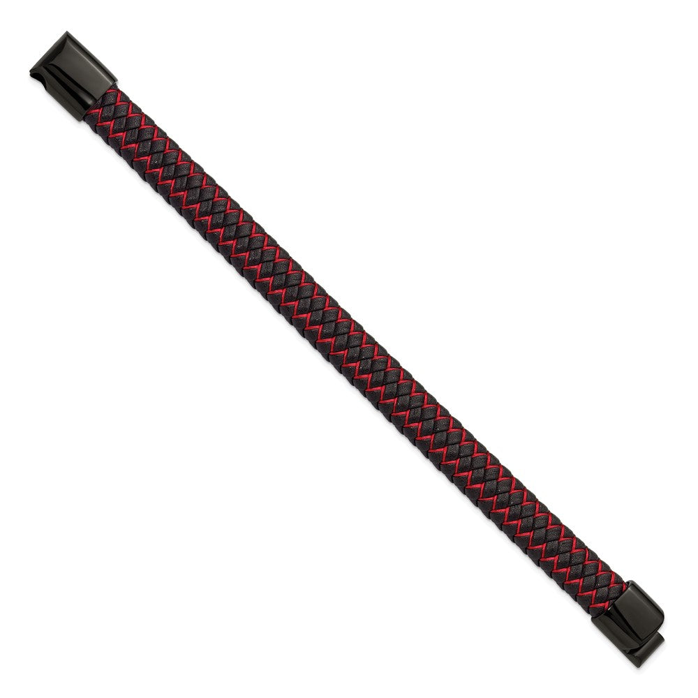 Chisel Stainless Steel Polished Black IP-plated Black Leather and Red Fabric 8.25 inch Bracelet