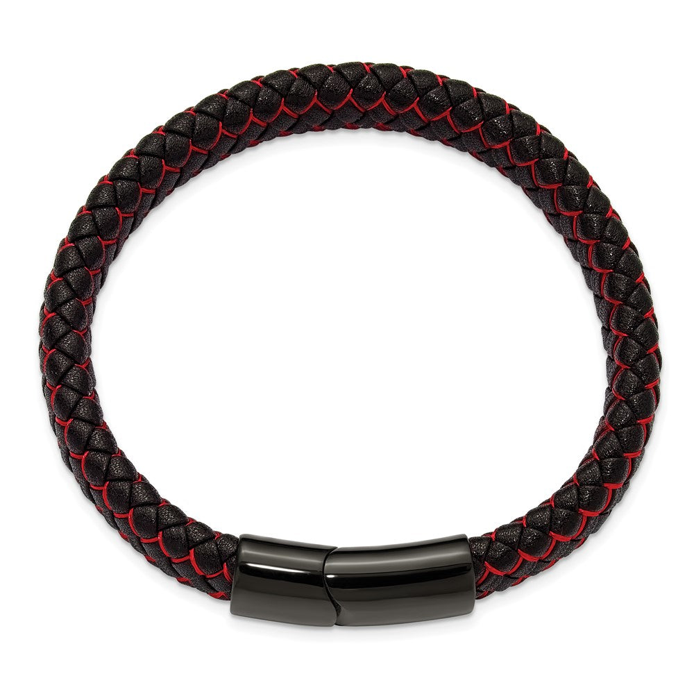 Chisel Stainless Steel Polished Black IP-plated Black Leather and Red Fabric 8.25 inch Bracelet