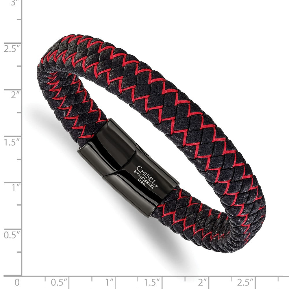 Chisel Stainless Steel Polished Black IP-plated Black Leather and Red Fabric 8.25 inch Bracelet