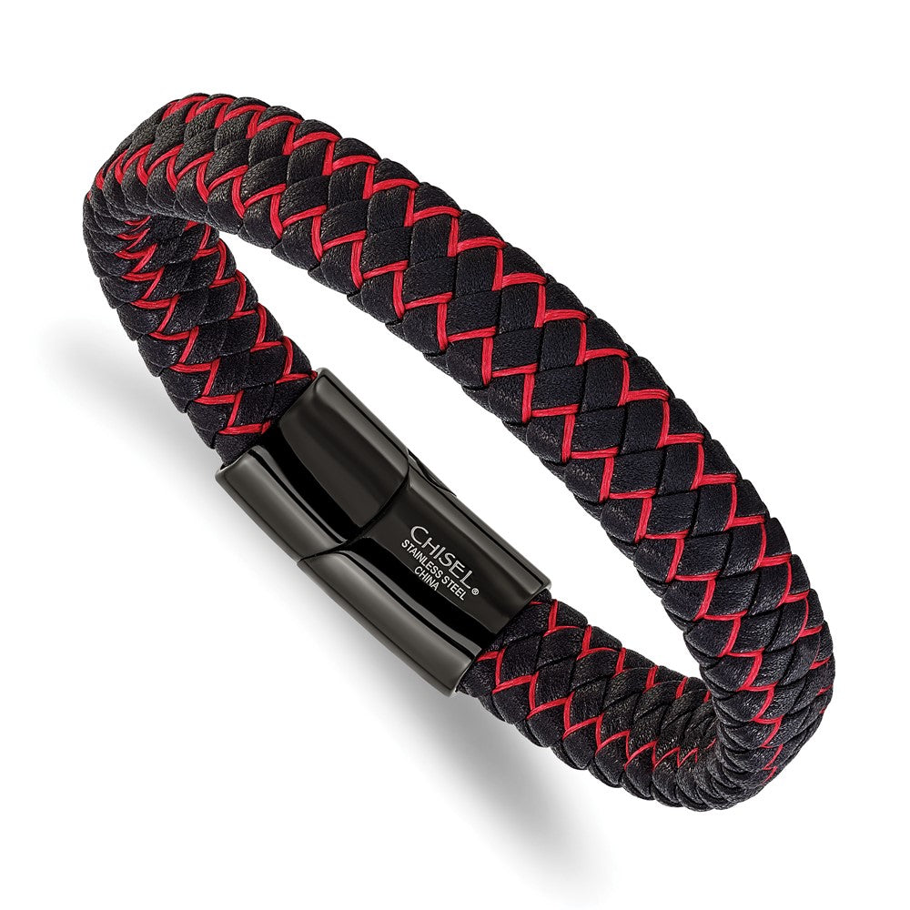 Chisel Stainless Steel Polished Black IP-plated Black Leather and Red Fabric 8.25 inch Bracelet