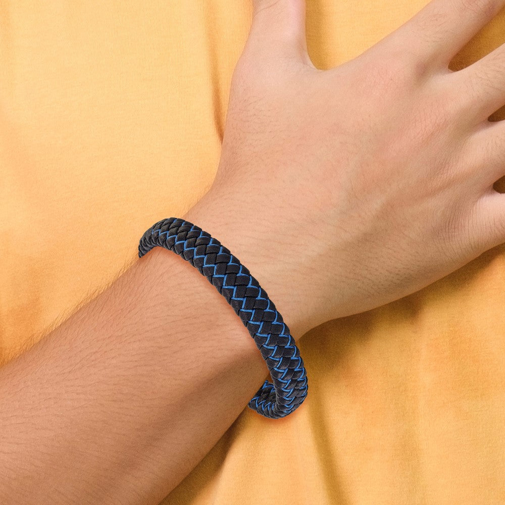 Chisel Stainless Steel Polished Black IP-plated Black Leather and Blue Fabric 8.25 inch Bracelet