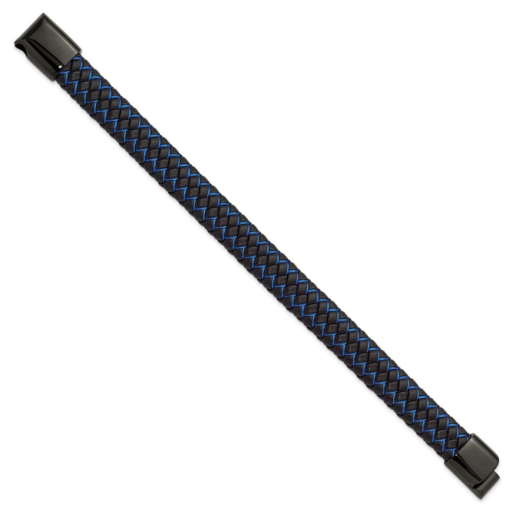 Chisel Stainless Steel Polished Black IP-plated Black Leather and Blue Fabric 8.25 inch Bracelet