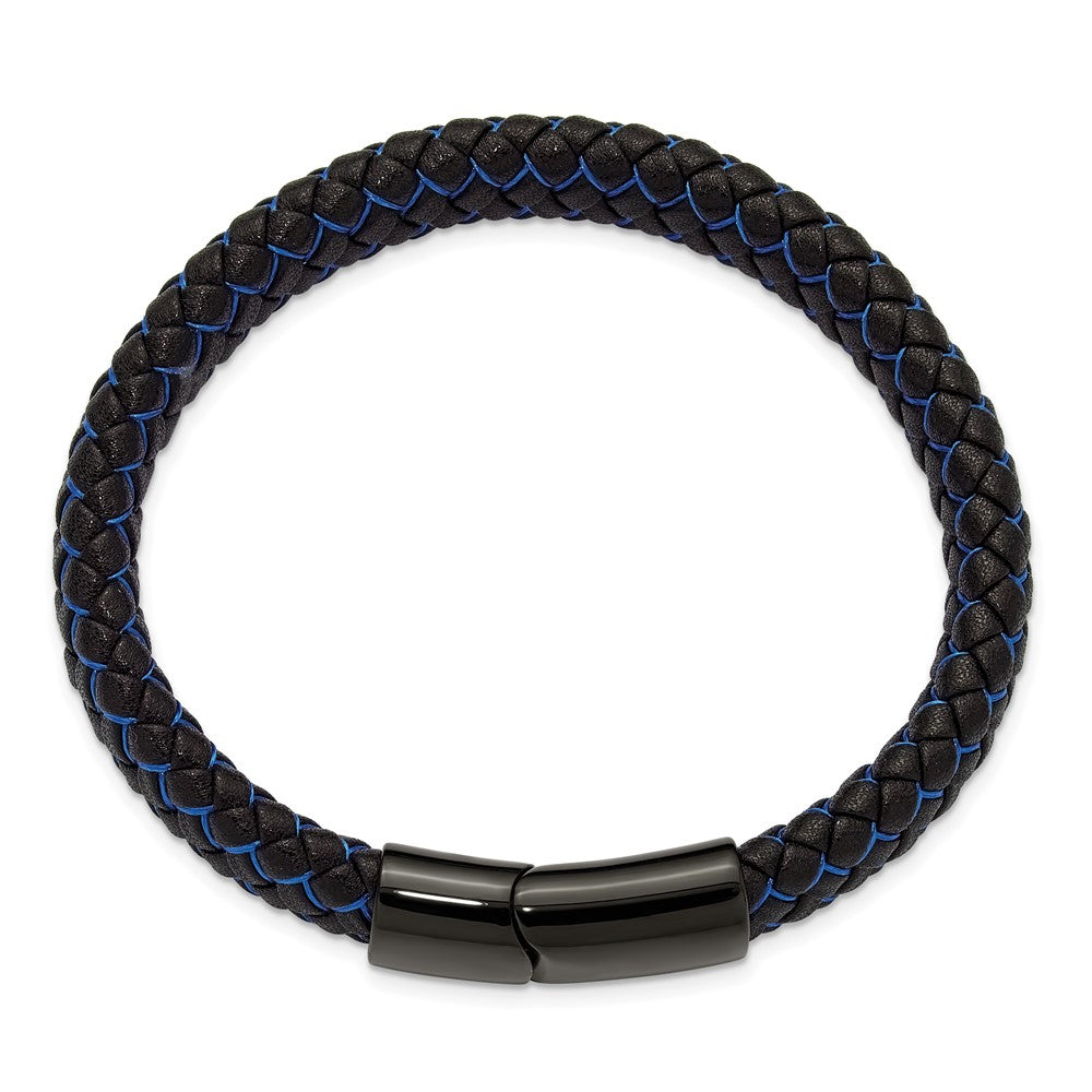 Chisel Stainless Steel Polished Black IP-plated Black Leather and Blue Fabric 8.25 inch Bracelet