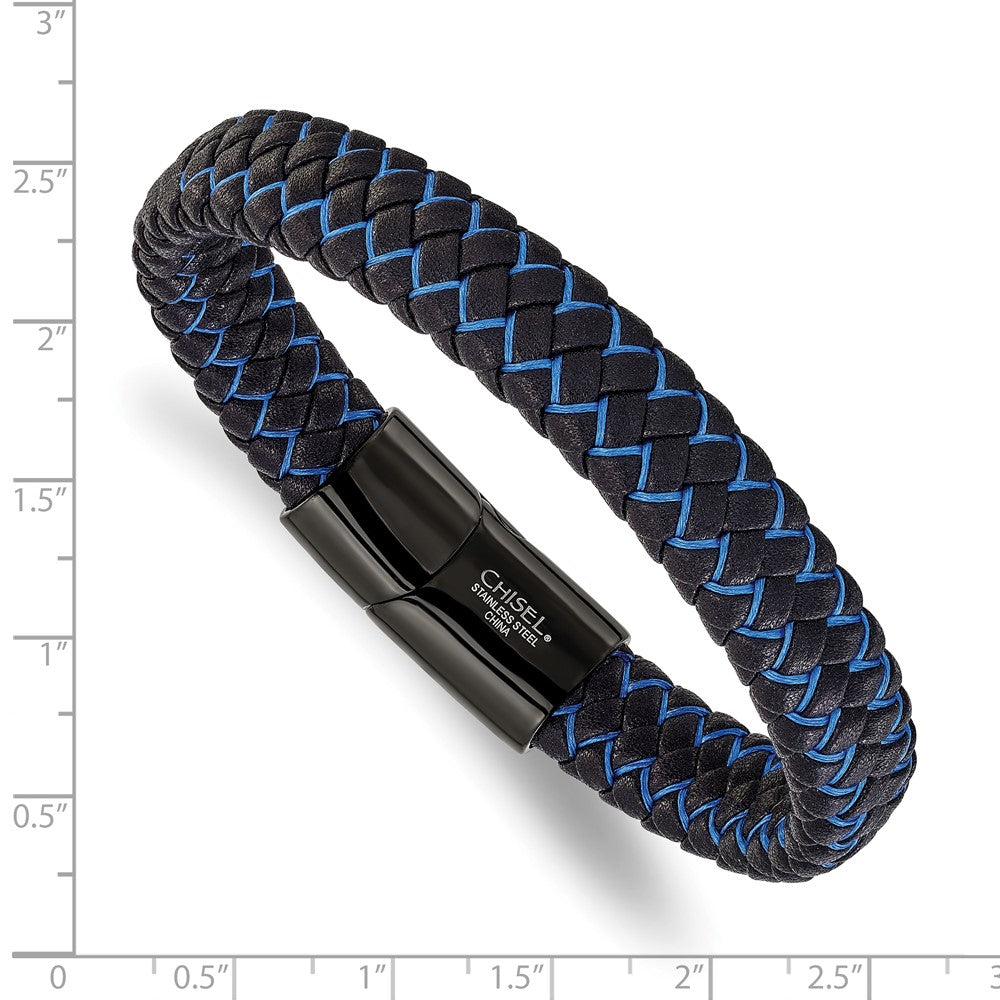 Chisel Stainless Steel Polished Black IP-plated Black Leather and Blue Fabric 8.25 inch Bracelet