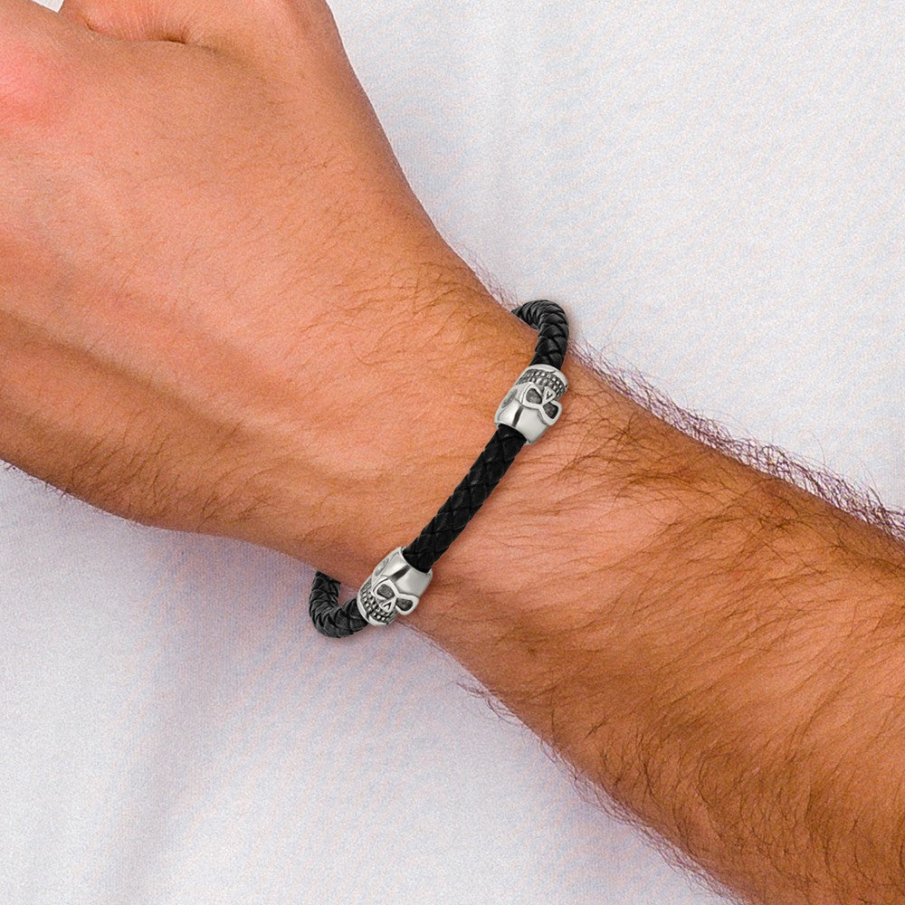 Chisel Stainless Steel Polished Skull Beads on Black Leather 8.75 inch Bracelet