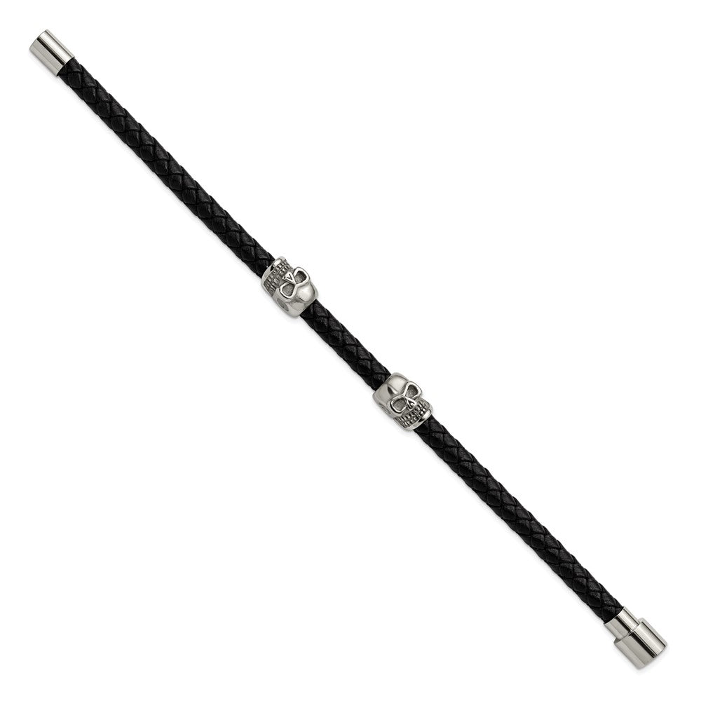 Chisel Stainless Steel Polished Skull Beads on Black Leather 8.75 inch Bracelet