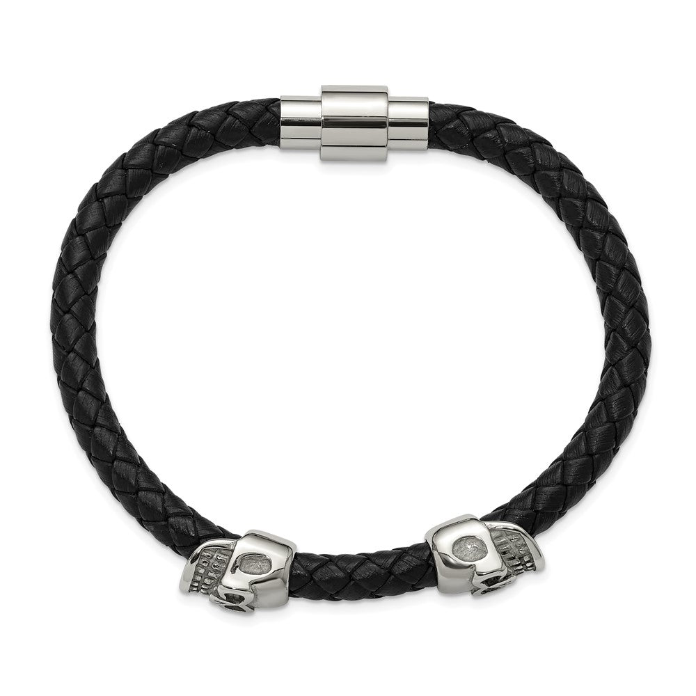Chisel Stainless Steel Polished Skull Beads on Black Leather 8.75 inch Bracelet