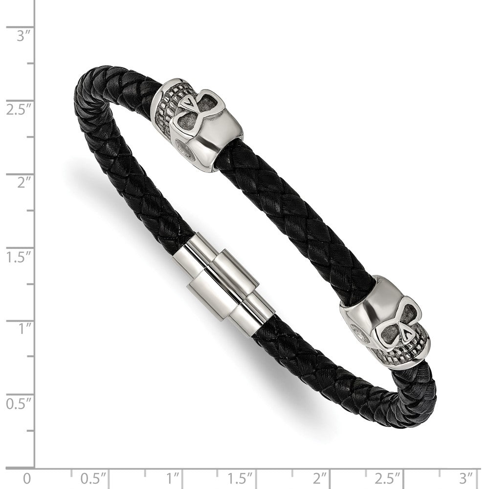 Chisel Stainless Steel Polished Skull Beads on Black Leather 8.75 inch Bracelet