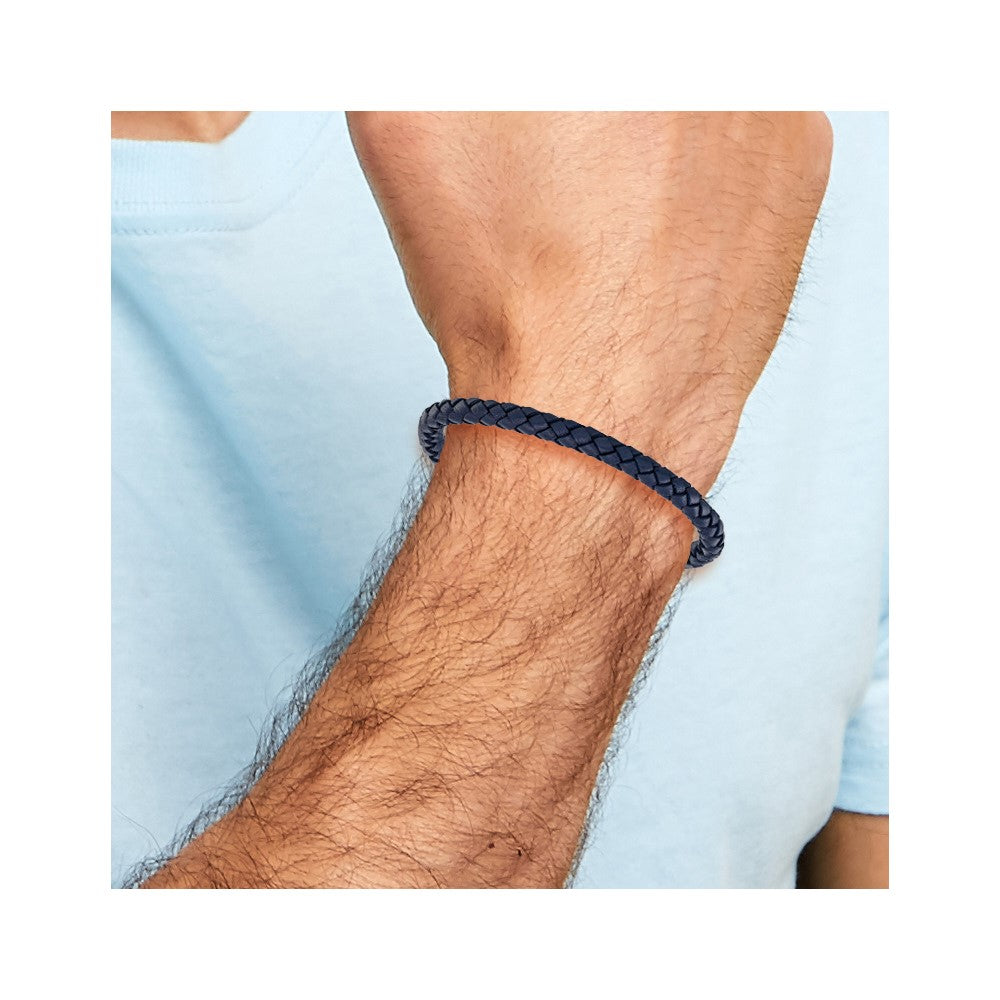 Chisel Stainless Steel Polished Blue IP-plated and Navy Blue Leather 8.25 inch Bracelet