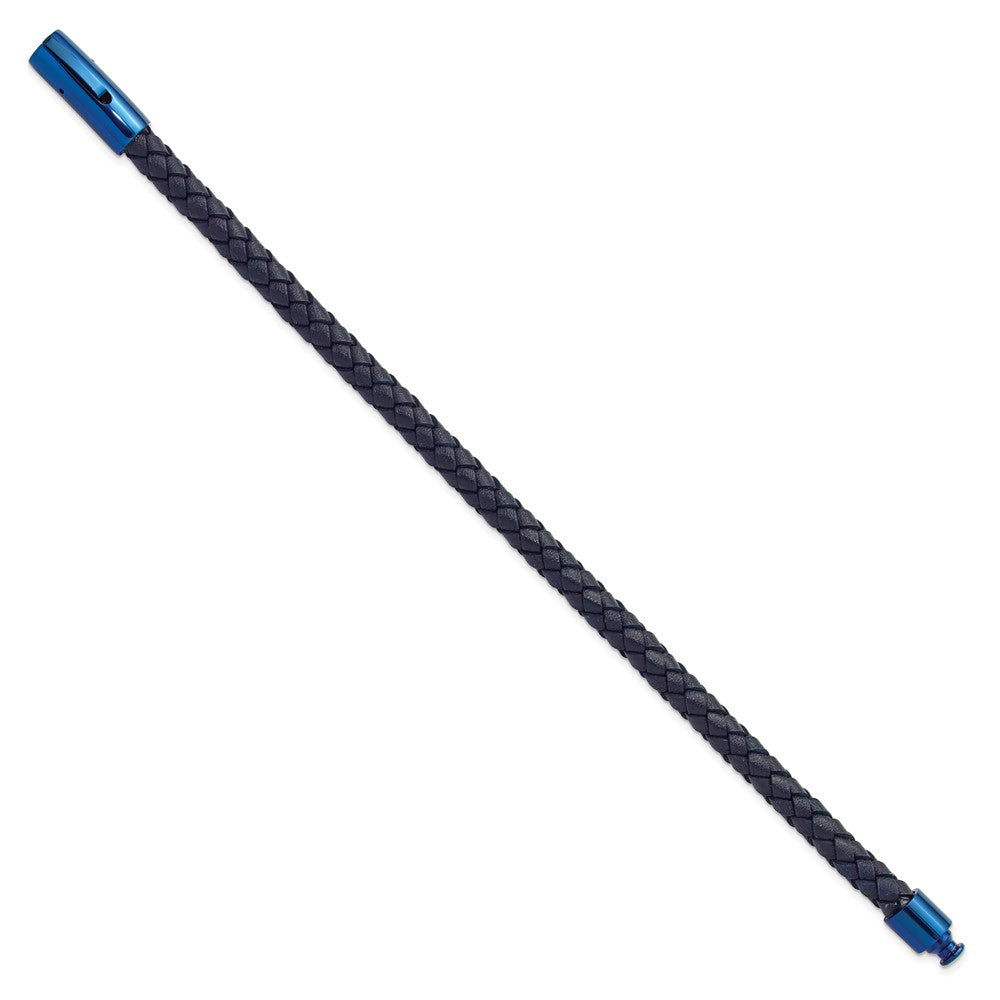 Chisel Stainless Steel Polished Blue IP-plated and Navy Blue Leather 8.25 inch Bracelet