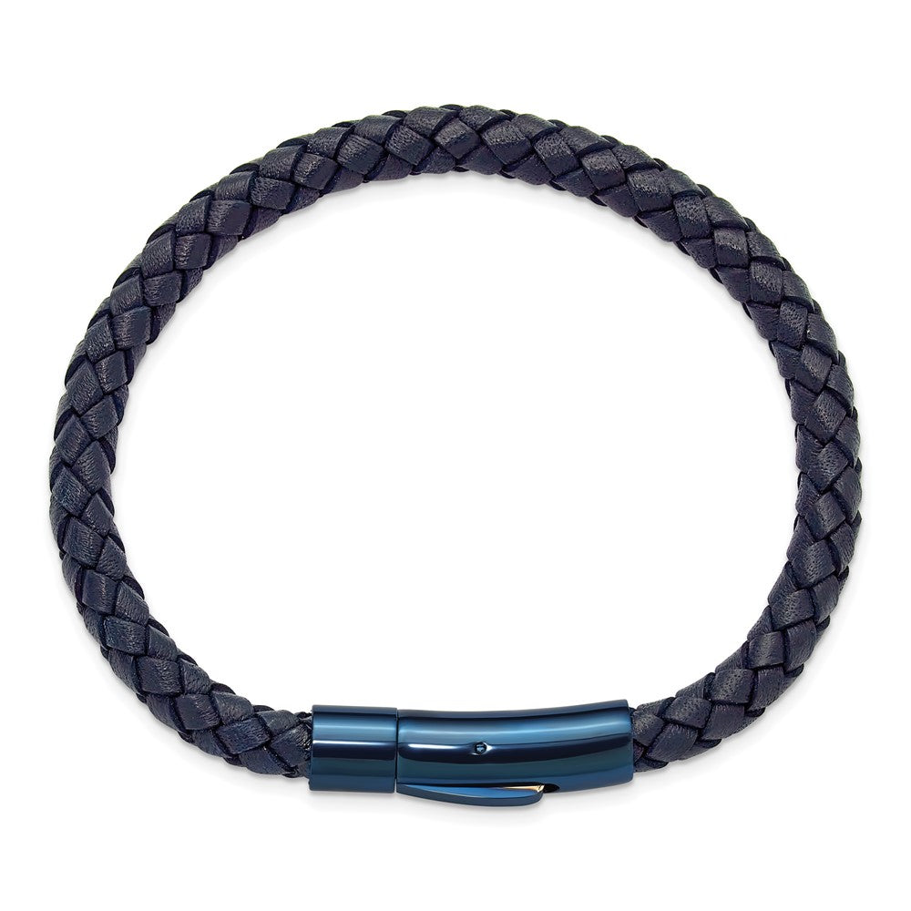 Chisel Stainless Steel Polished Blue IP-plated and Navy Blue Leather 8.25 inch Bracelet