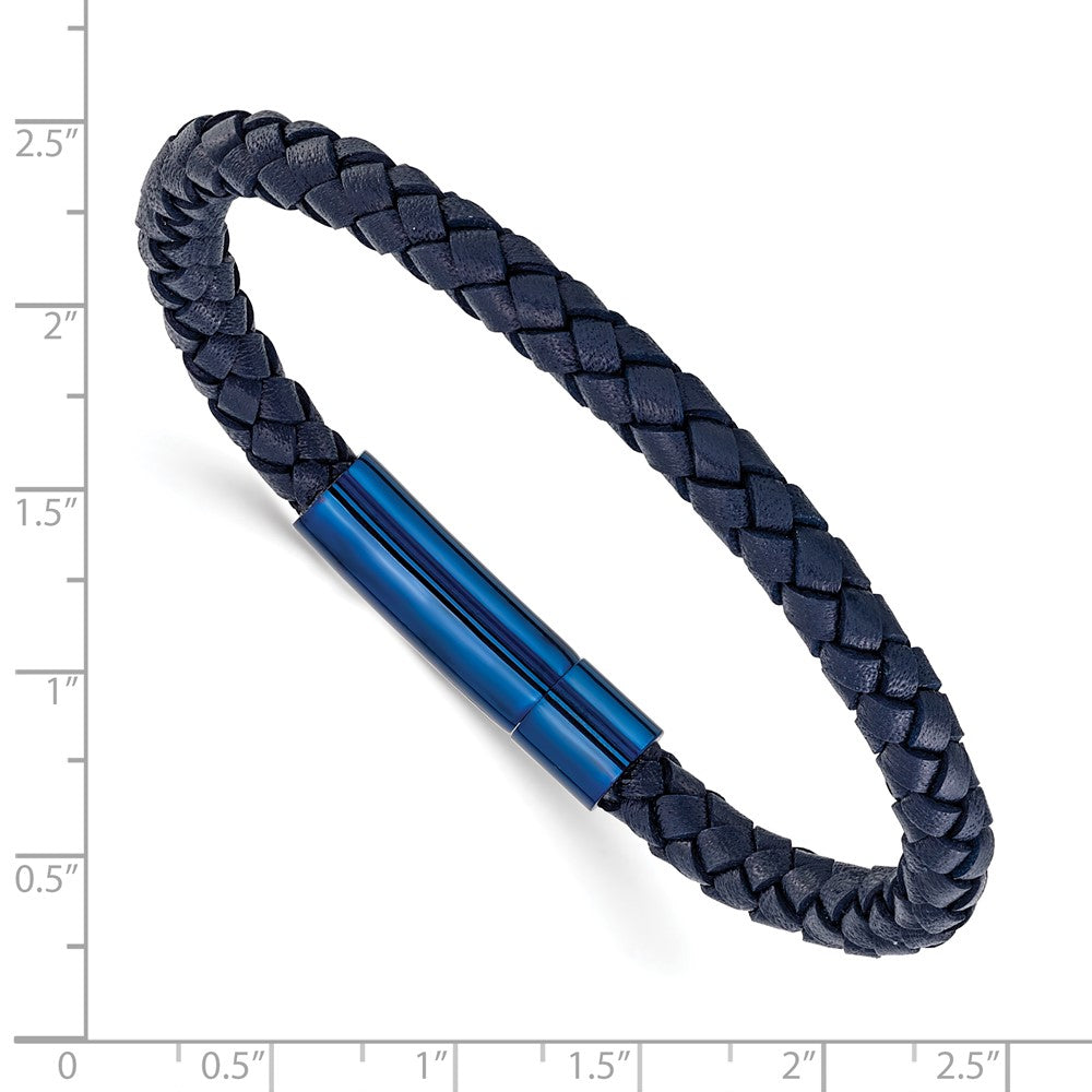 Chisel Stainless Steel Polished Blue IP-plated and Navy Blue Leather 8.25 inch Bracelet