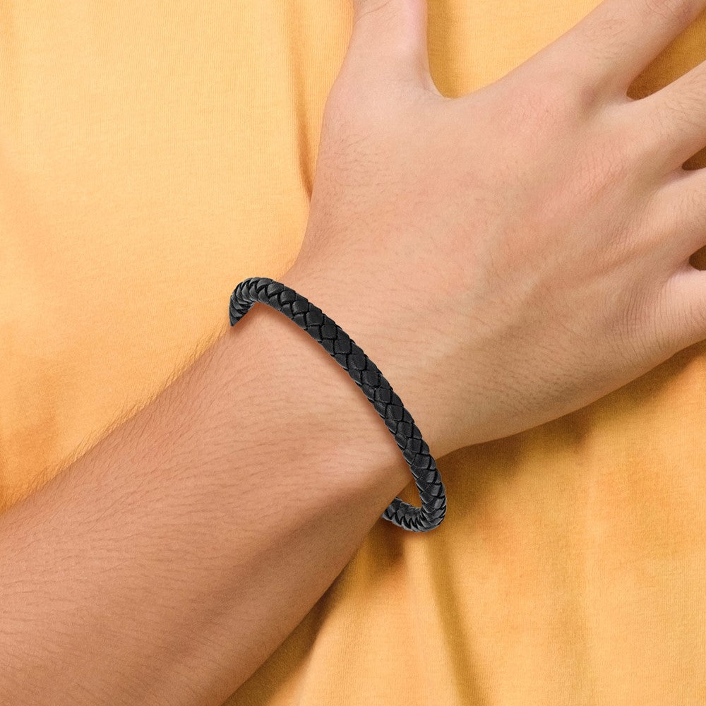 Chisel Stainless Steel Polished Black IP-plated and Black Leather 8.25 inch Bracelet