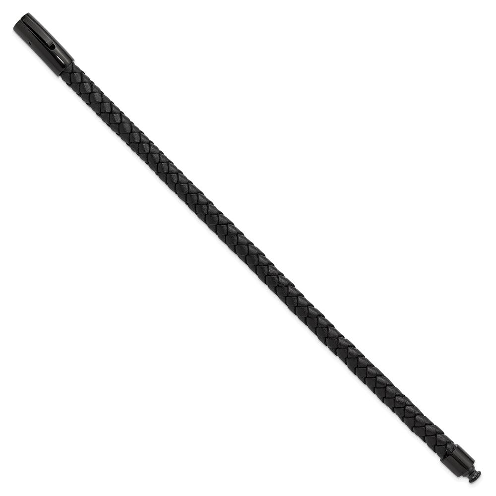 Chisel Stainless Steel Polished Black IP-plated and Black Leather 8.25 inch Bracelet