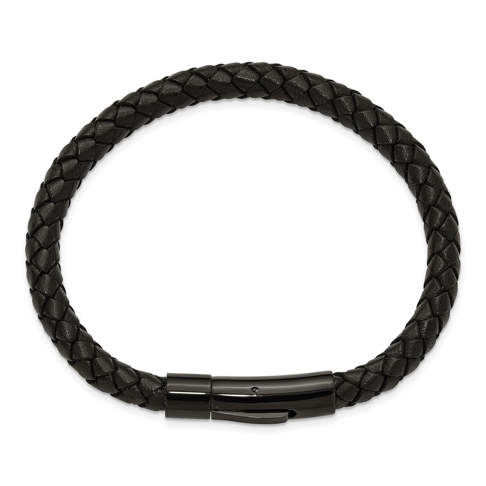 Chisel Stainless Steel Polished Black IP-plated and Black Leather 8.25 inch Bracelet