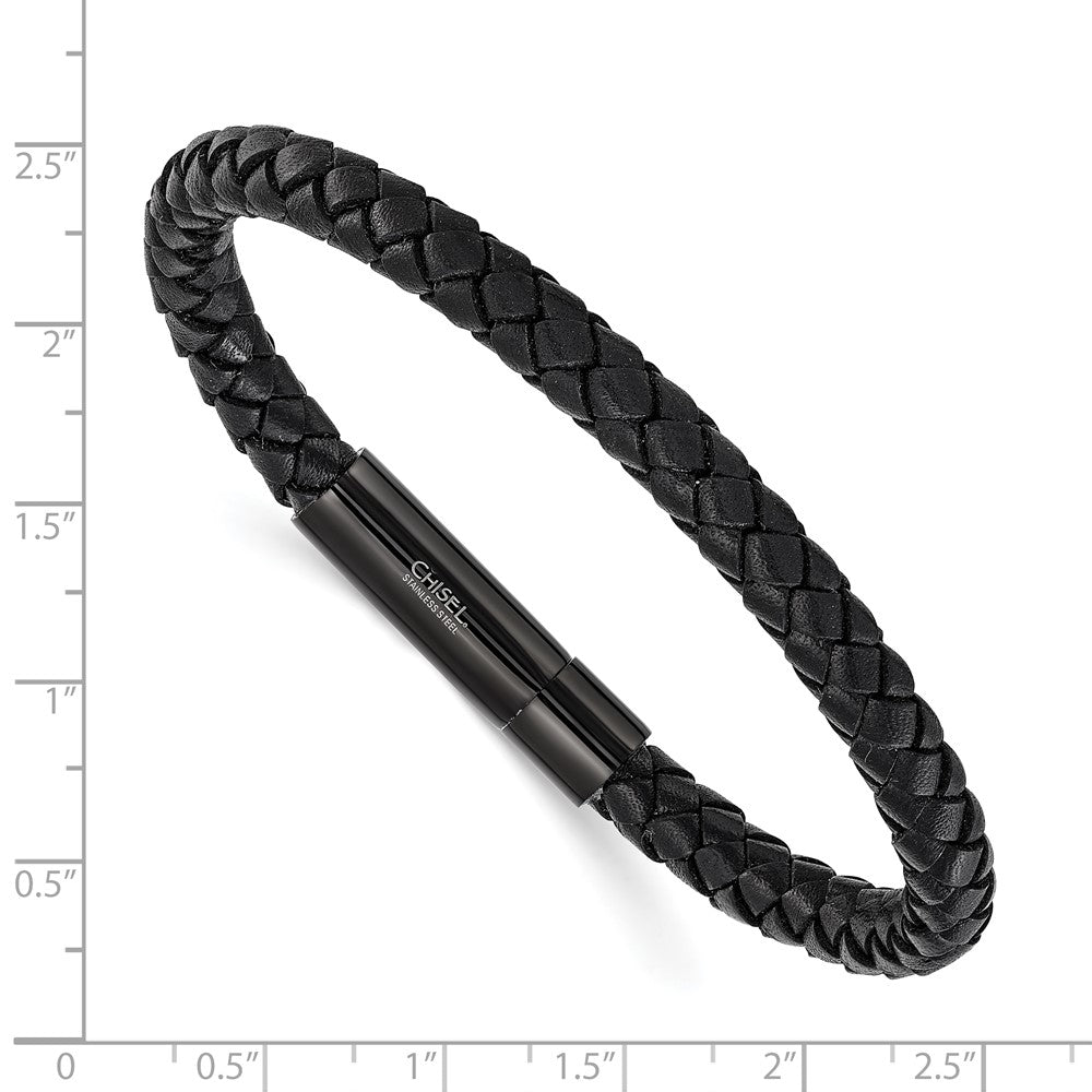 Chisel Stainless Steel Polished Black IP-plated and Black Leather 8.25 inch Bracelet