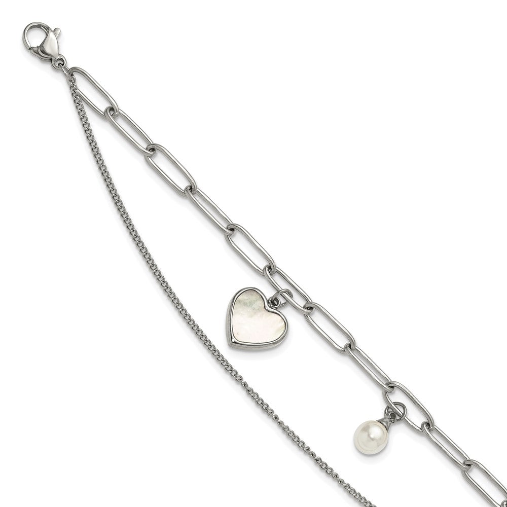 Chisel Stainless Steel Polished Mother of Pearl Heart and Simulated Pearl 6.5 inch Plus a 2 inch Extension Bracelet