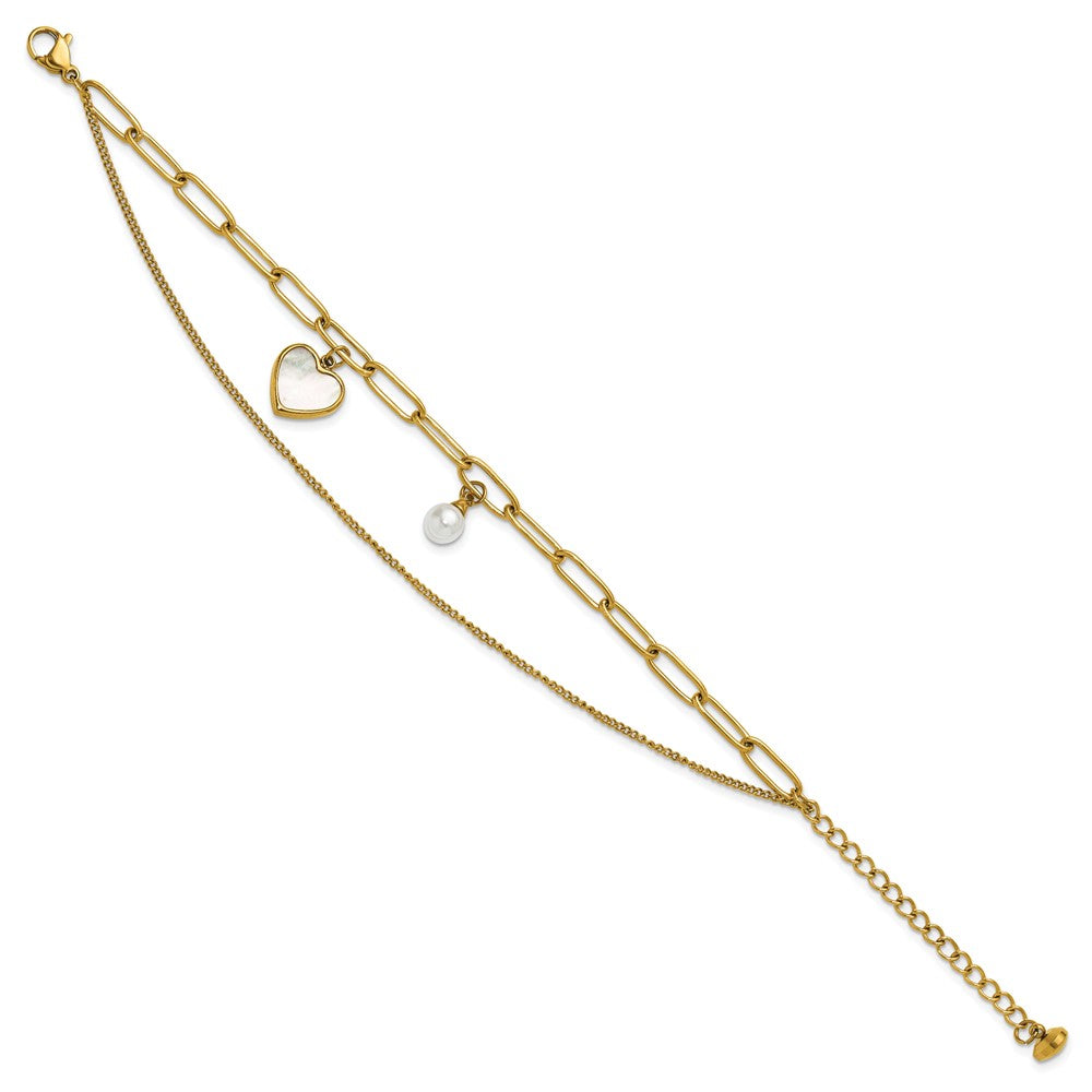 Chisel Stainless Steel Polished Yellow IP-plated Mother of Pearl Heart and Simulated Pearl 6.5 inch Plus a 2 inch Extension Bracelet