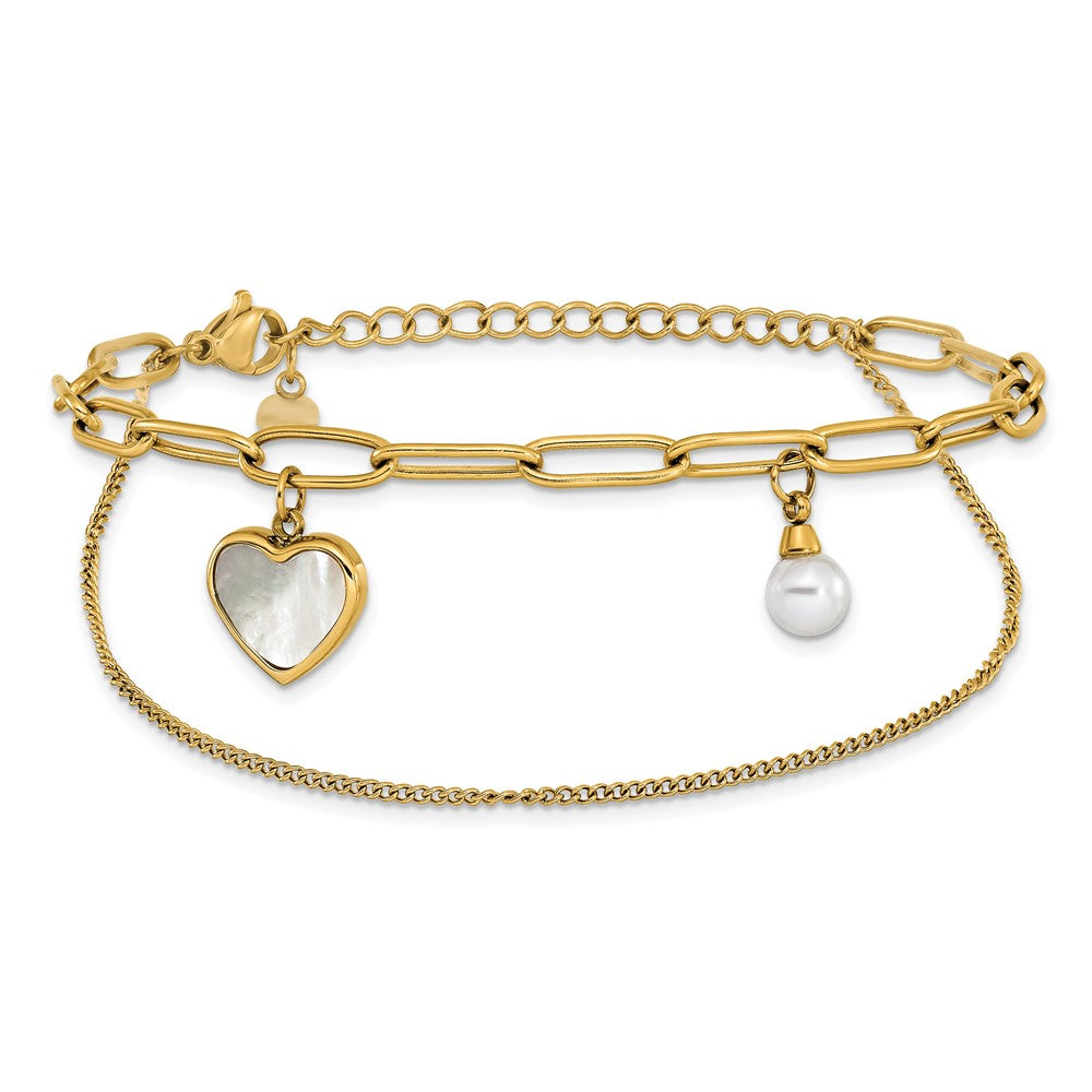 Chisel Stainless Steel Polished Yellow IP-plated Mother of Pearl Heart and Simulated Pearl 6.5 inch Plus a 2 inch Extension Bracelet
