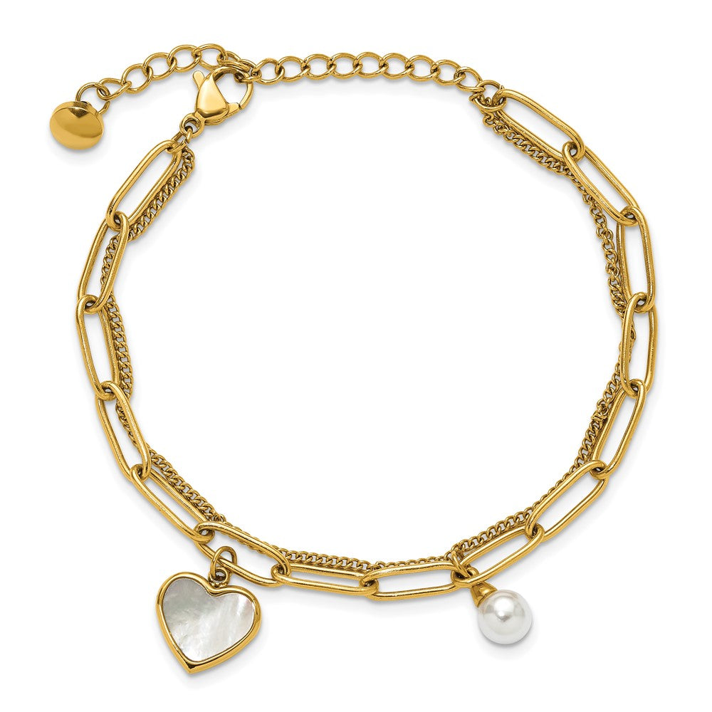 Chisel Stainless Steel Polished Yellow IP-plated Mother of Pearl Heart and Simulated Pearl 6.5 inch Plus a 2 inch Extension Bracelet