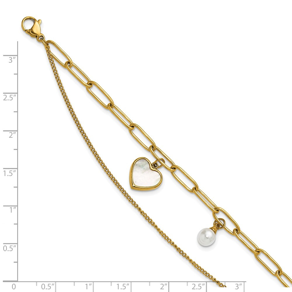 Chisel Stainless Steel Polished Yellow IP-plated Mother of Pearl Heart and Simulated Pearl 6.5 inch Plus a 2 inch Extension Bracelet