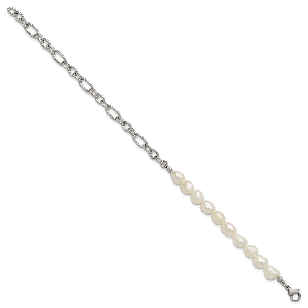 Chisel Stainless Steel Polished with Half White Freshwater Cultured Pearl 8.25 inch Bracelet