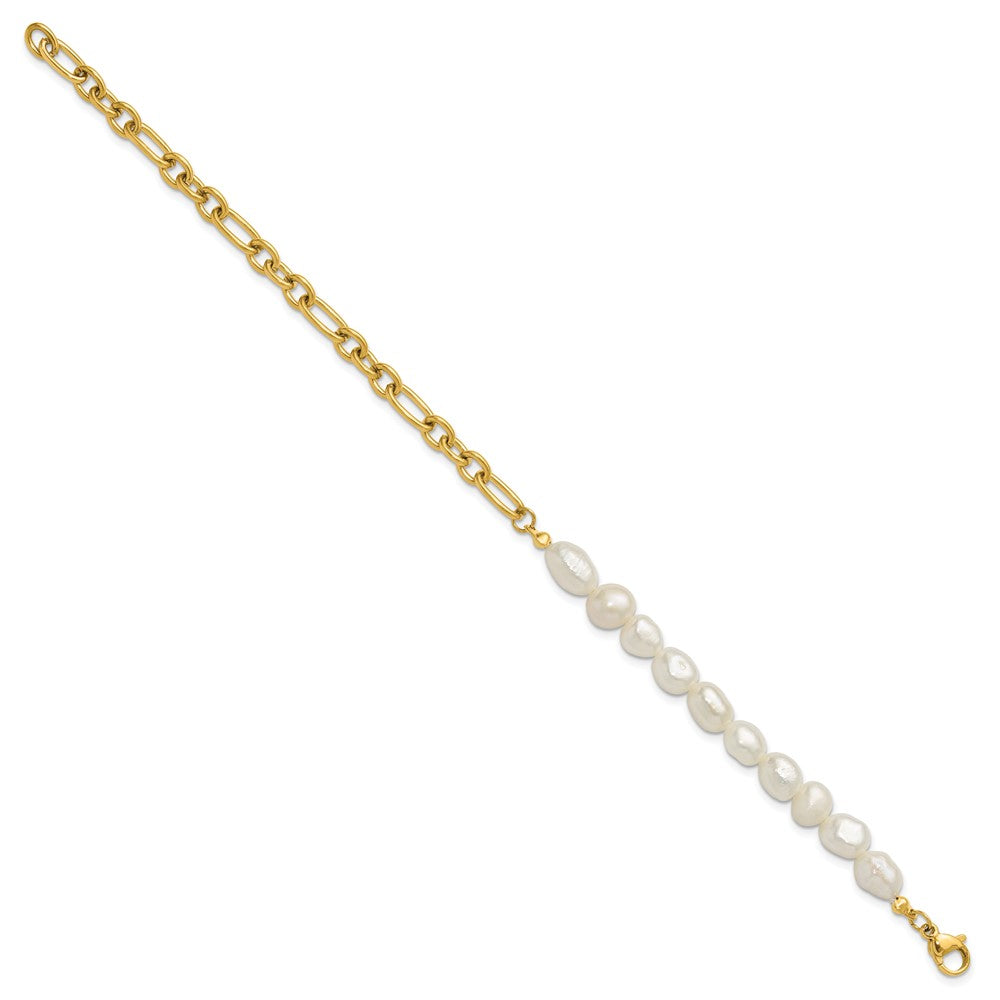 Chisel Stainless Steel Polished Yellow IP-plated with Half White Freshwater Cultured Pearl 8.25 inch Bracelet