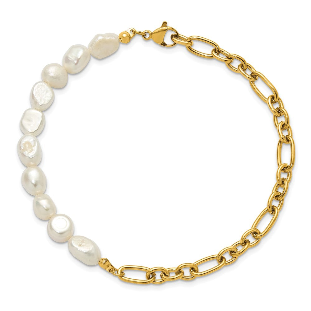 Chisel Stainless Steel Polished Yellow IP-plated with Half White Freshwater Cultured Pearl 8.25 inch Bracelet