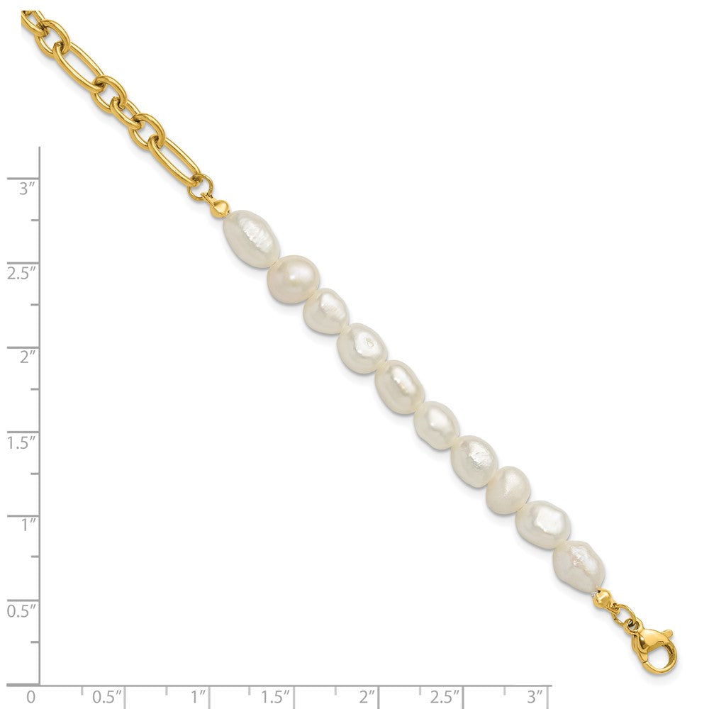 Chisel Stainless Steel Polished Yellow IP-plated with Half White Freshwater Cultured Pearl 8.25 inch Bracelet