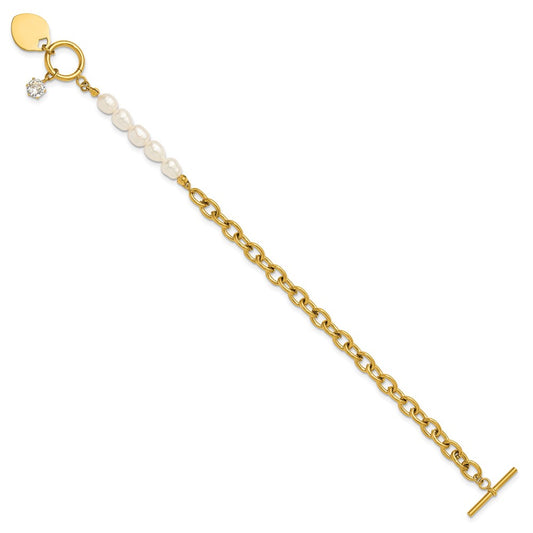 Chisel Stainless Steel Polished Yellow IP-plated with Half White Freshwater Cultured Pearl and CZ Heart Dangle 8.25 inch Bracelet