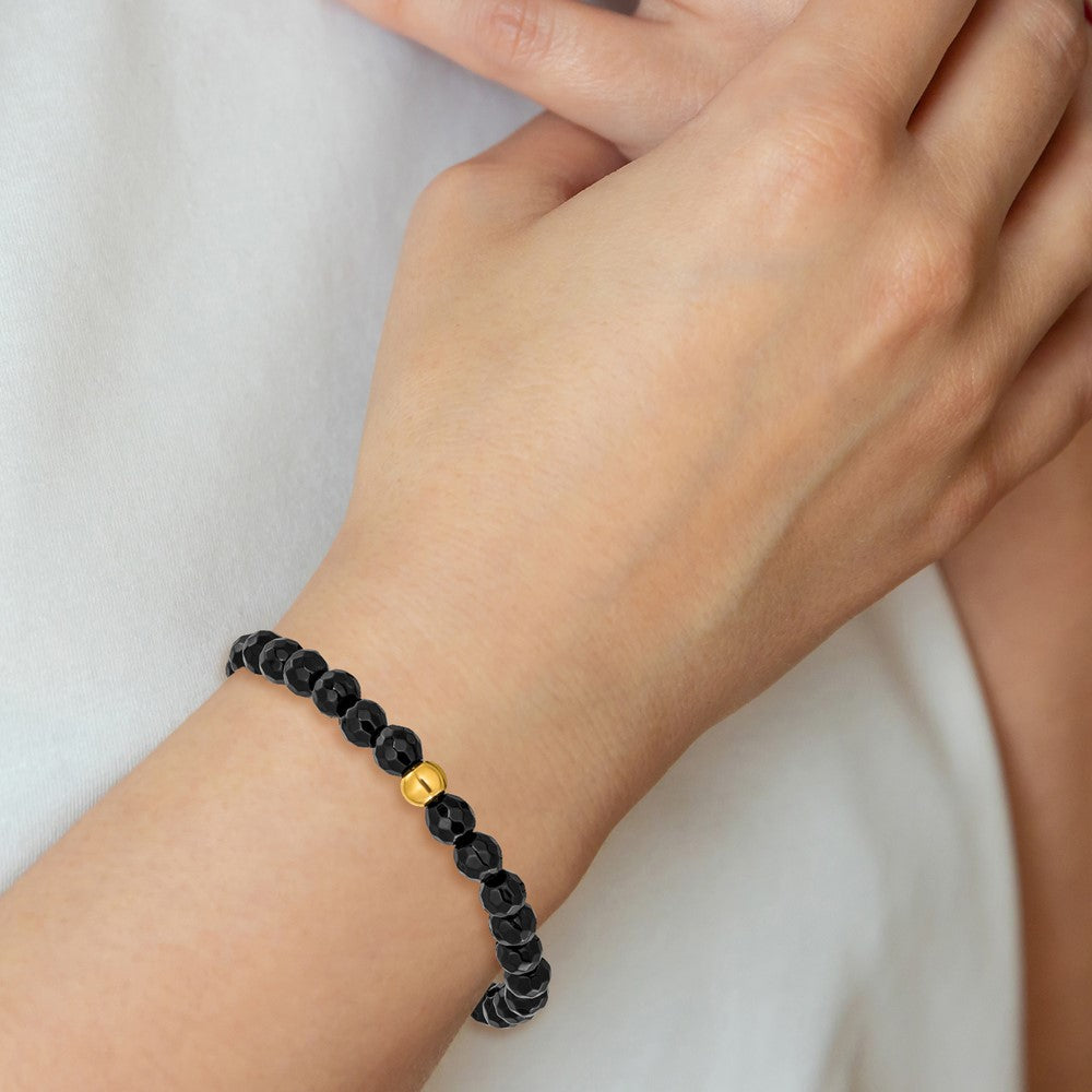 Chisel Stainless Steel Polished Yellow IP-plated 6mm Black Agate Beaded 6.25 inch Stretch Bracelet