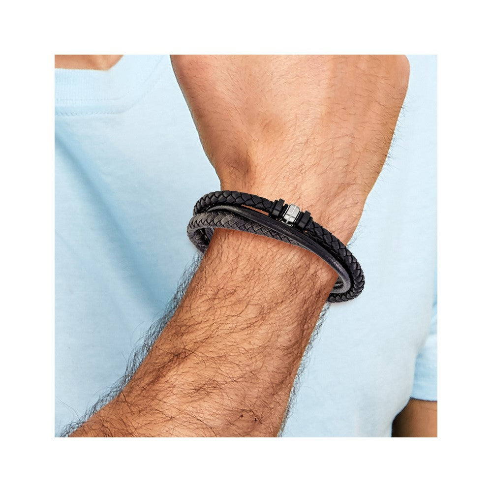 Chisel Stainless Steel Polished Black Braided Leather Multi Strand 8.5 inch Bracelet