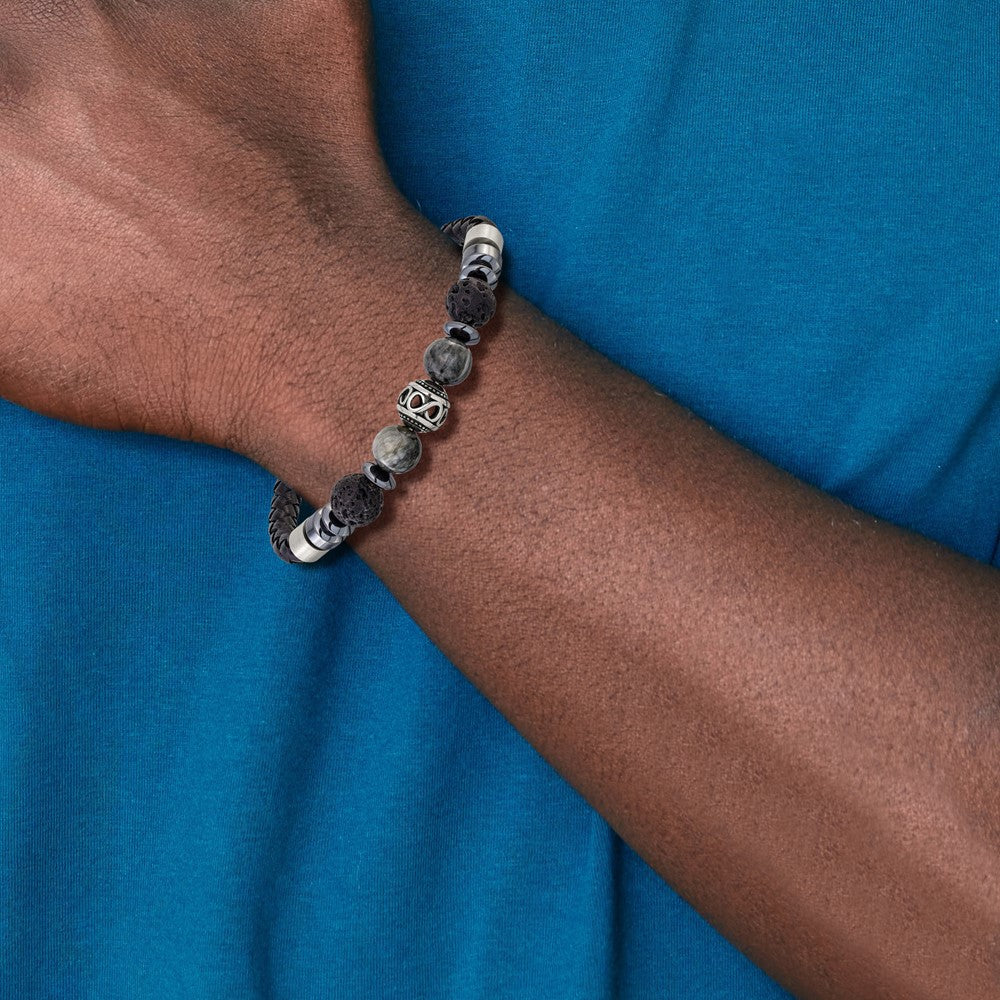 Chisel Stainless Steel Brushed Lava and Tiger's Eye and Hematite Black Leather 8 inch Plus .5 inch Extension Bracelet