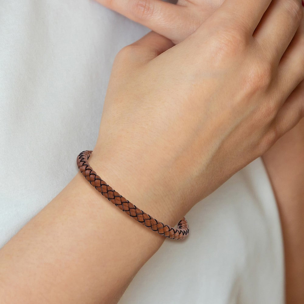 Chisel Stainless Steel Polished Brown Woven Leather 8.5 inch Bracelet