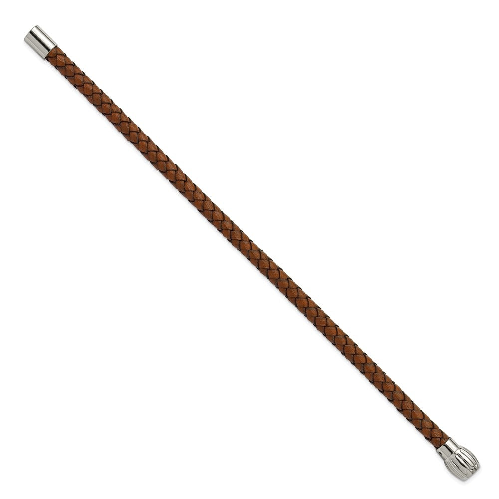Chisel Stainless Steel Polished Brown Woven Leather 8.5 inch Bracelet