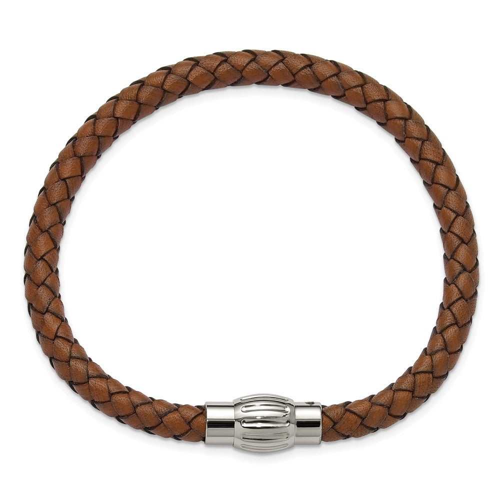 Chisel Stainless Steel Polished Brown Woven Leather 8.5 inch Bracelet
