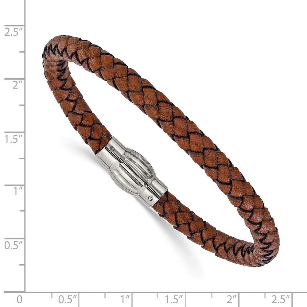 Chisel Stainless Steel Polished Brown Woven Leather 8.5 inch Bracelet