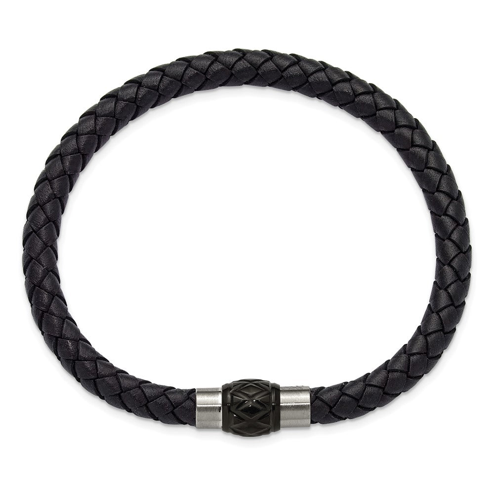 Chisel Stainless Steel Brushed and Polished Black Woven Leather 8.5 inch Bracelet