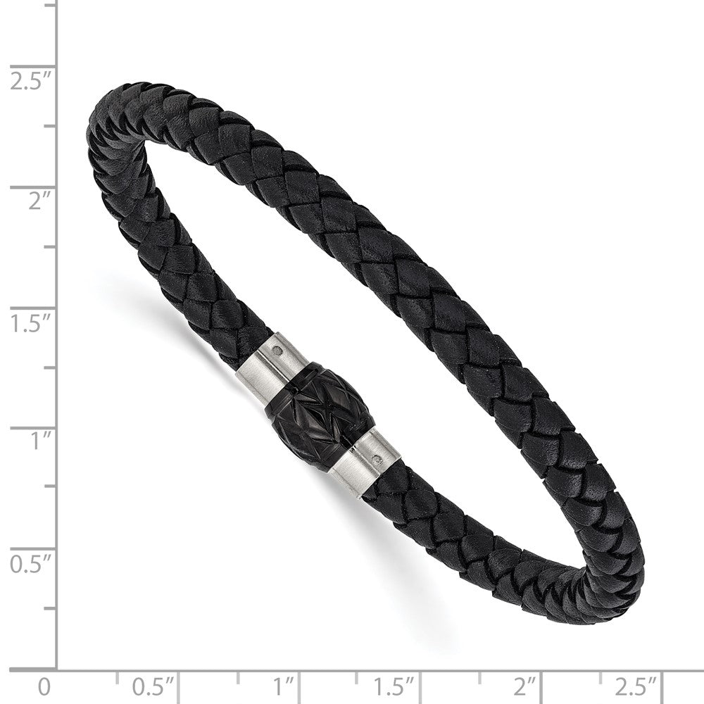 Chisel Stainless Steel Brushed and Polished Black Woven Leather 8.5 inch Bracelet
