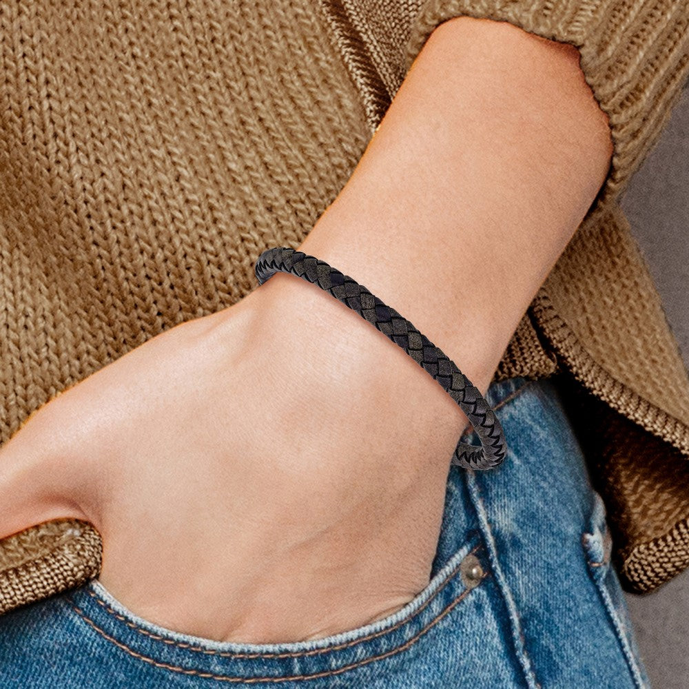 Chisel Stainless Steel Brushed and Polished Black Woven Leather 8.5 inch Bracelet