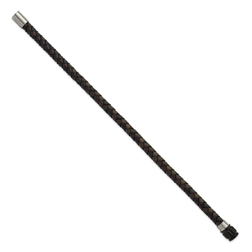 Chisel Stainless Steel Brushed and Polished Black Woven Leather 8.5 inch Bracelet
