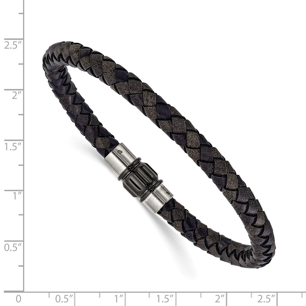 Chisel Stainless Steel Brushed and Polished Black Woven Leather 8.5 inch Bracelet