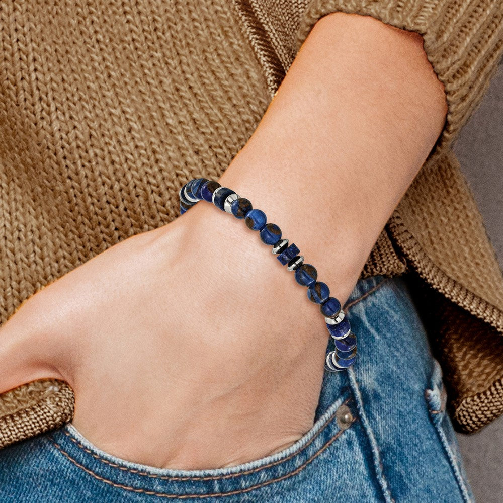 Chisel Stainless Steel Polished 6.50mm Blue Golden and Lapis Beaded 7.75 inch Stretch Bracelet