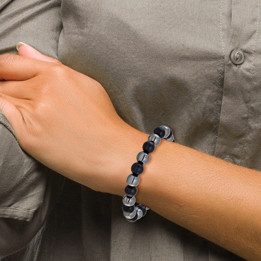 Chisel Stainless Steel Polished 8-8.25mm Agate and Hematite Beaded 6.25 inch Stretch Bracelet