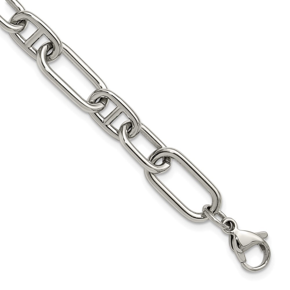 Chisel Stainless Steel Polished 9mm 6.5 inch Plus 1.25 inch 9mm Open Link Bracelet