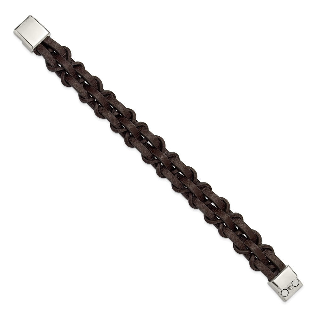 Chisel Stainless Steel Polished Brown Leather 8.25 inch Bracelet