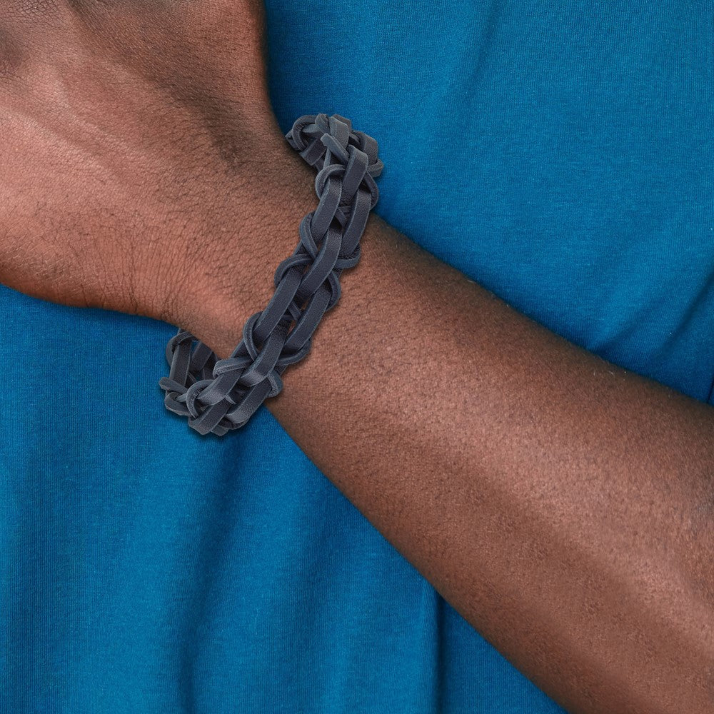 Chisel Stainless Steel Polished Navy Leather 8.5 inch Bracelet