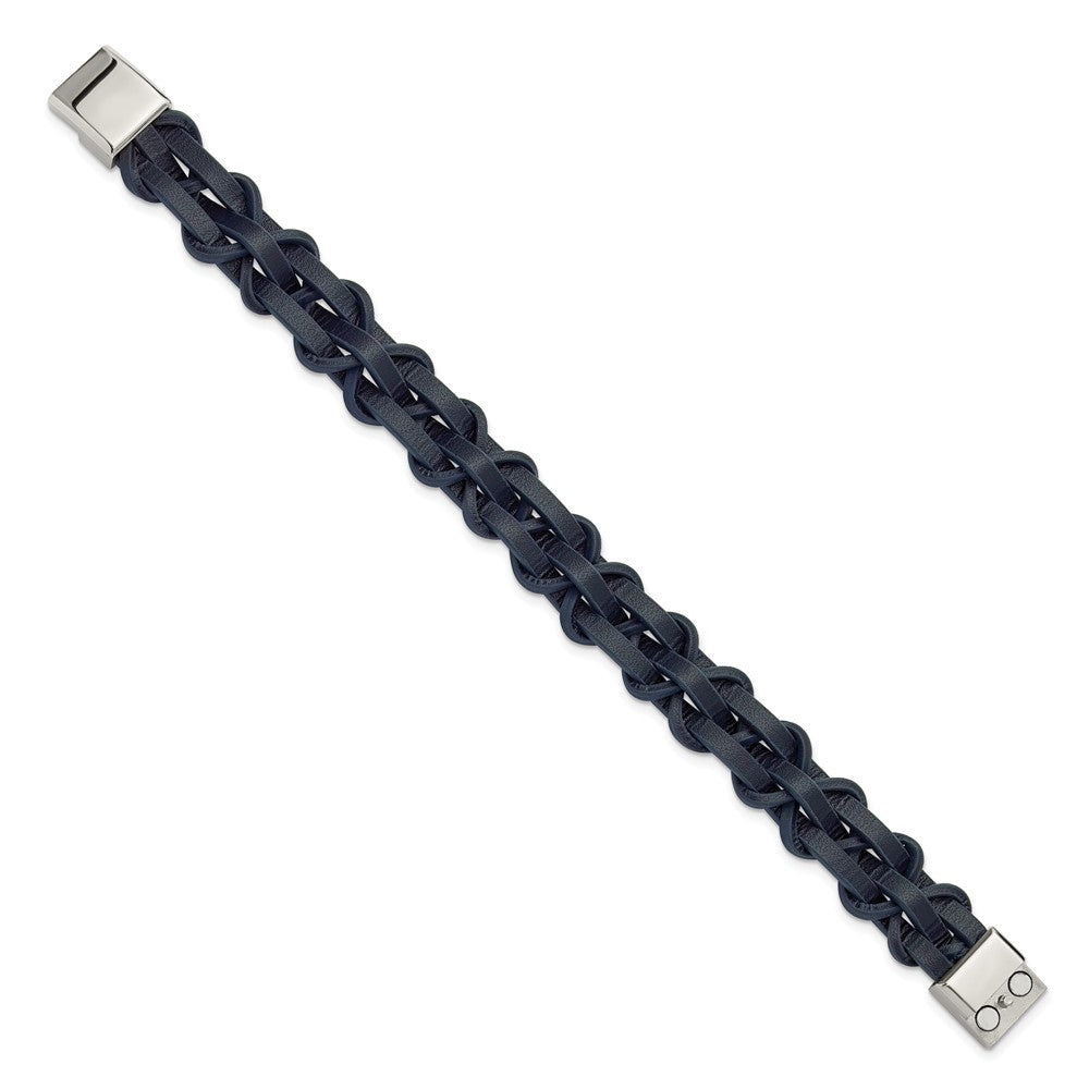 Chisel Stainless Steel Polished Navy Leather 8.5 inch Bracelet